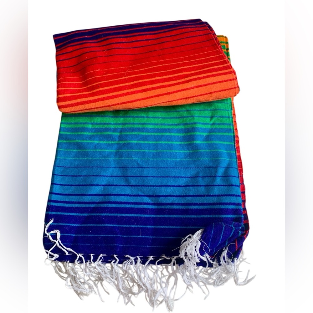 VTG 80's Mexican Serape Saltillo XL Fine Wool Blanket Throw Rug Rainbow